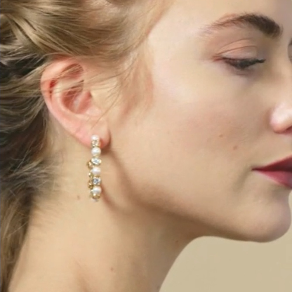 Sterling Silver Theodora 14K gold‎ plated cubic zirconia pearl Hoop Earrings - Picture 3 of 11